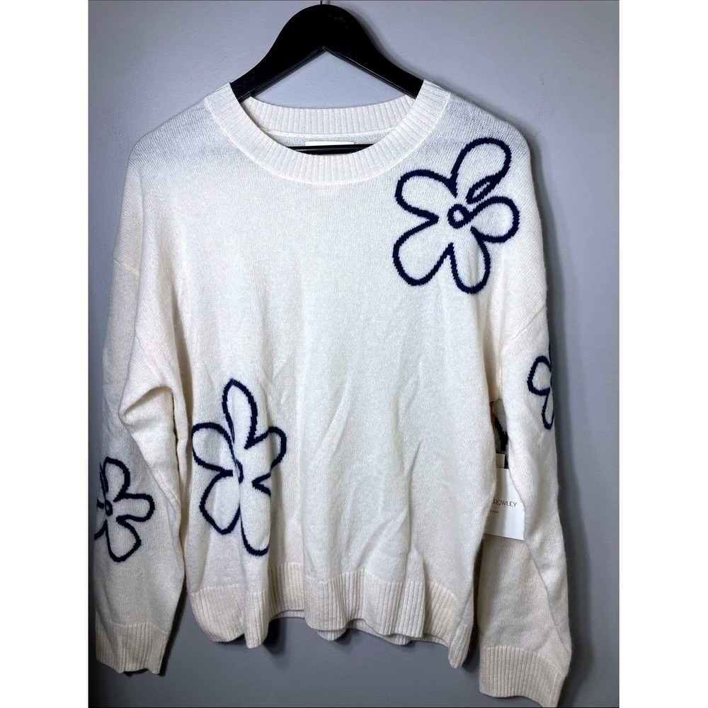 NWT 100% 2-Ply Cashmere Cynthia Rowley Cream Sweater Navy Floral Size XL - Picture 2 of 7
